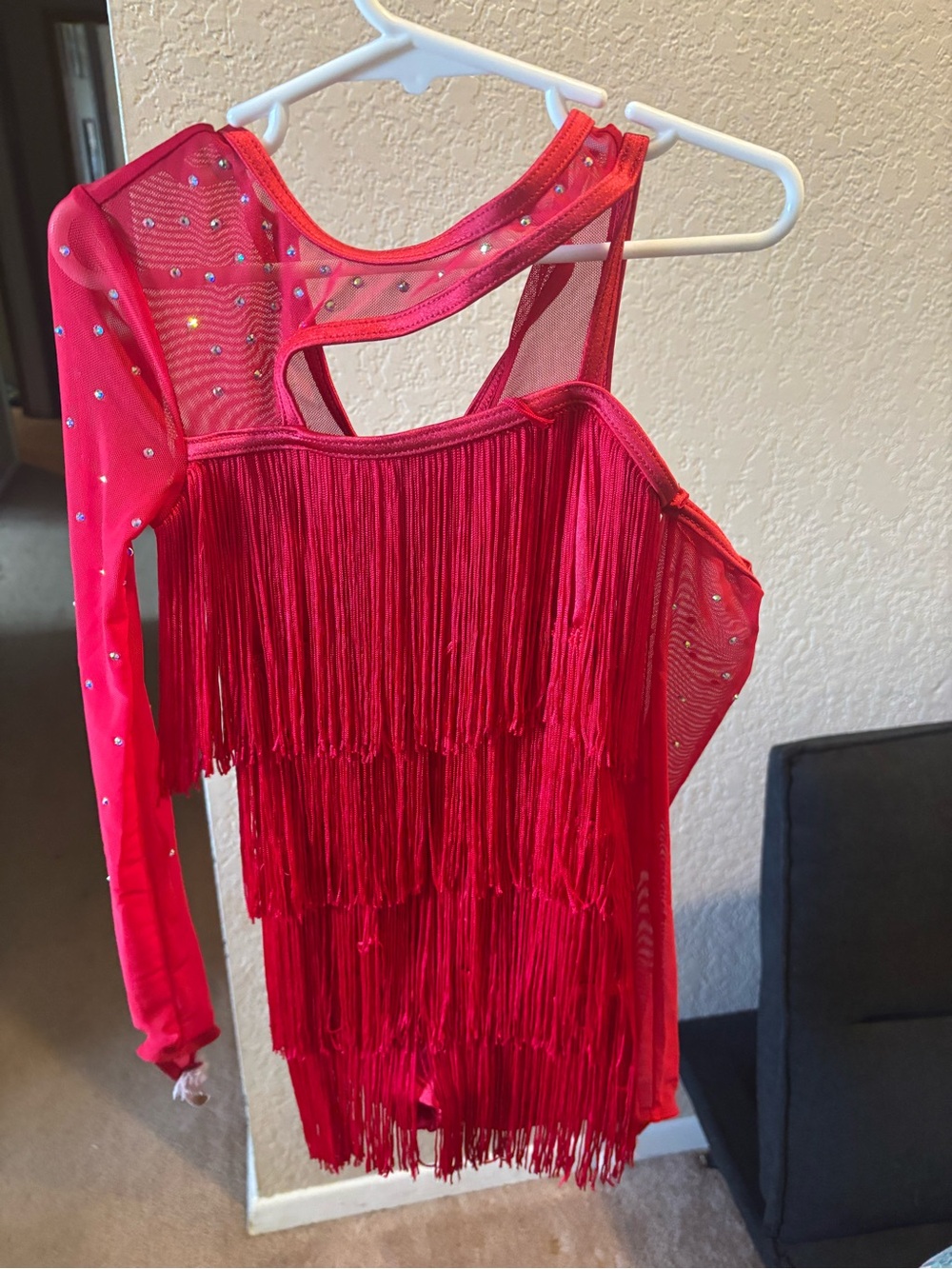 Weissman Red Fringe Dance Costume with Rhinestone Mesh